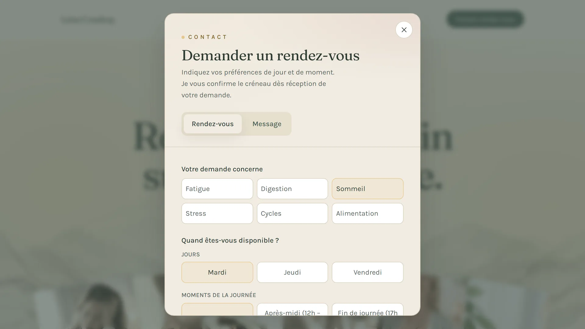 Le formulaire de la démo, ouvert : un motif et un créneau cochés