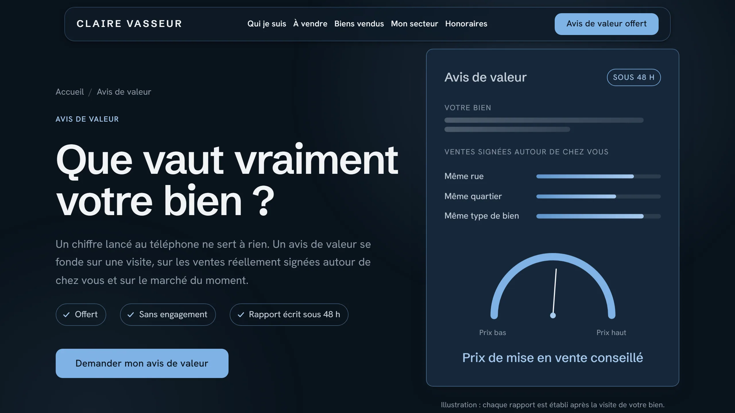 L'avis de valeur, en page d'entrée