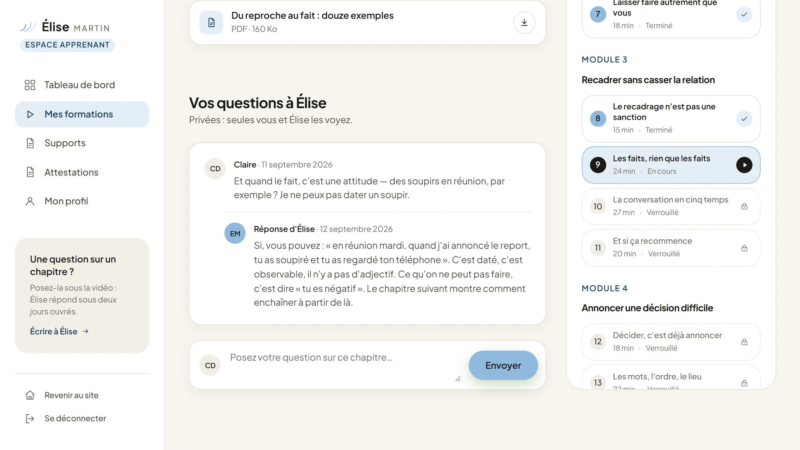 Une question à la formatrice