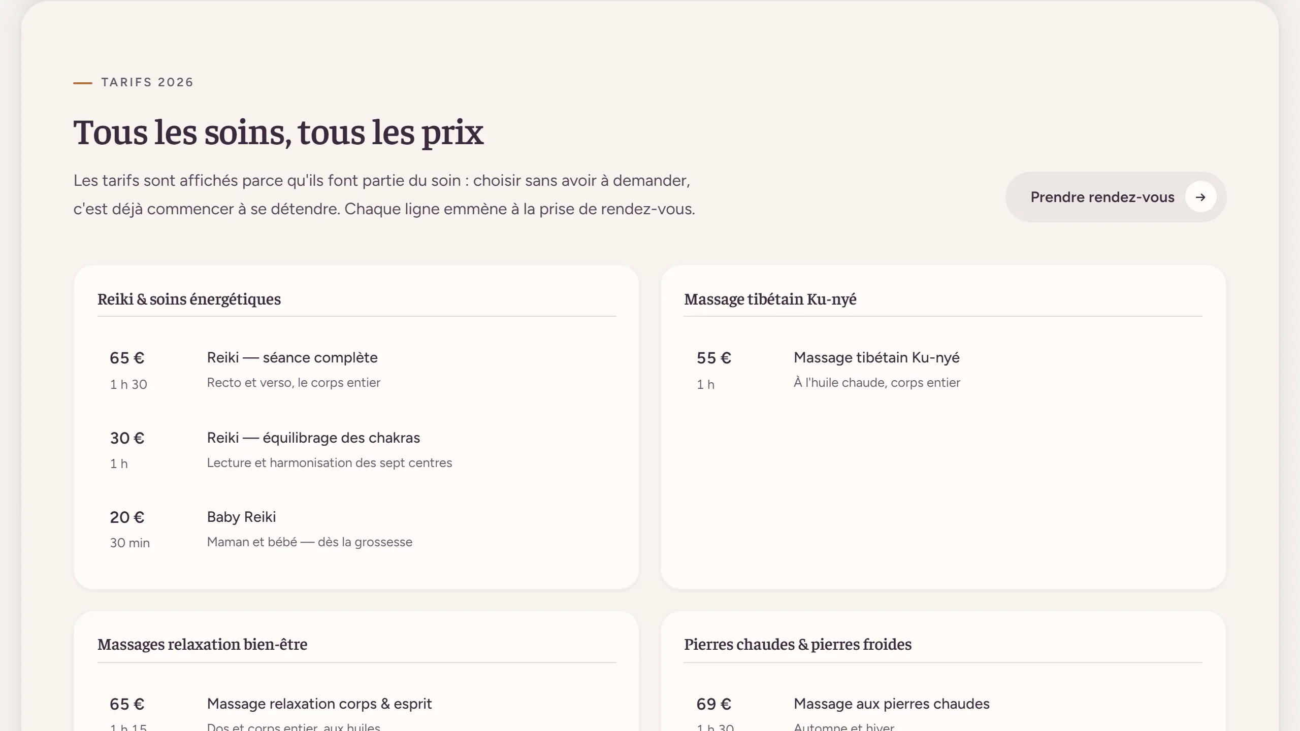 Dix soins, chacun avec sa durée et son prix