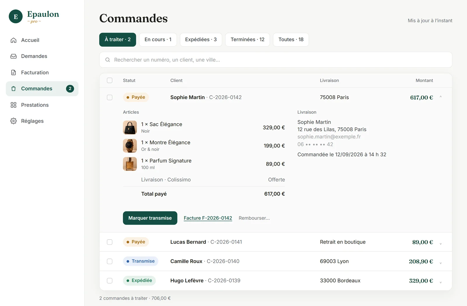 L’écran Commandes de l’application EPAULON : les commandes à traiter, leur contenu, la livraison et la facture (exemple, données fictives).
