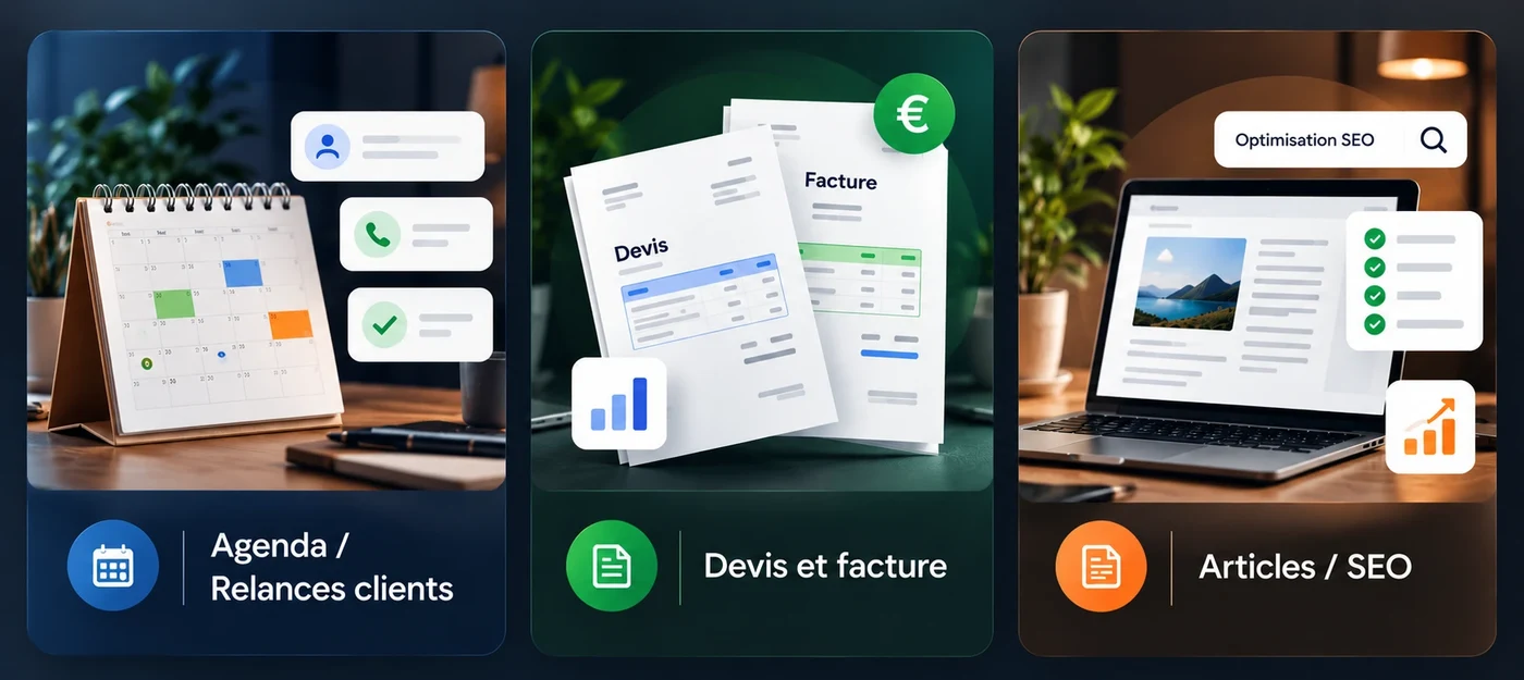 Agenda et relances, devis et factures, articles et SEO